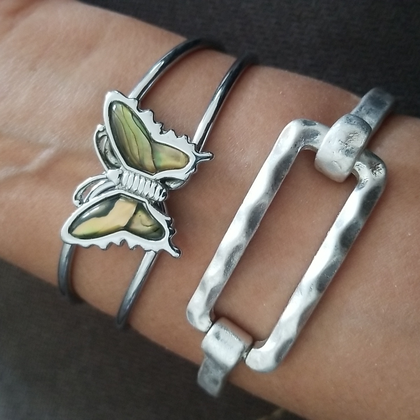 Pomina Hammered Handmad Bangle Cuff Bracelet Abolon Bracelet Silver Tone Boho 29$